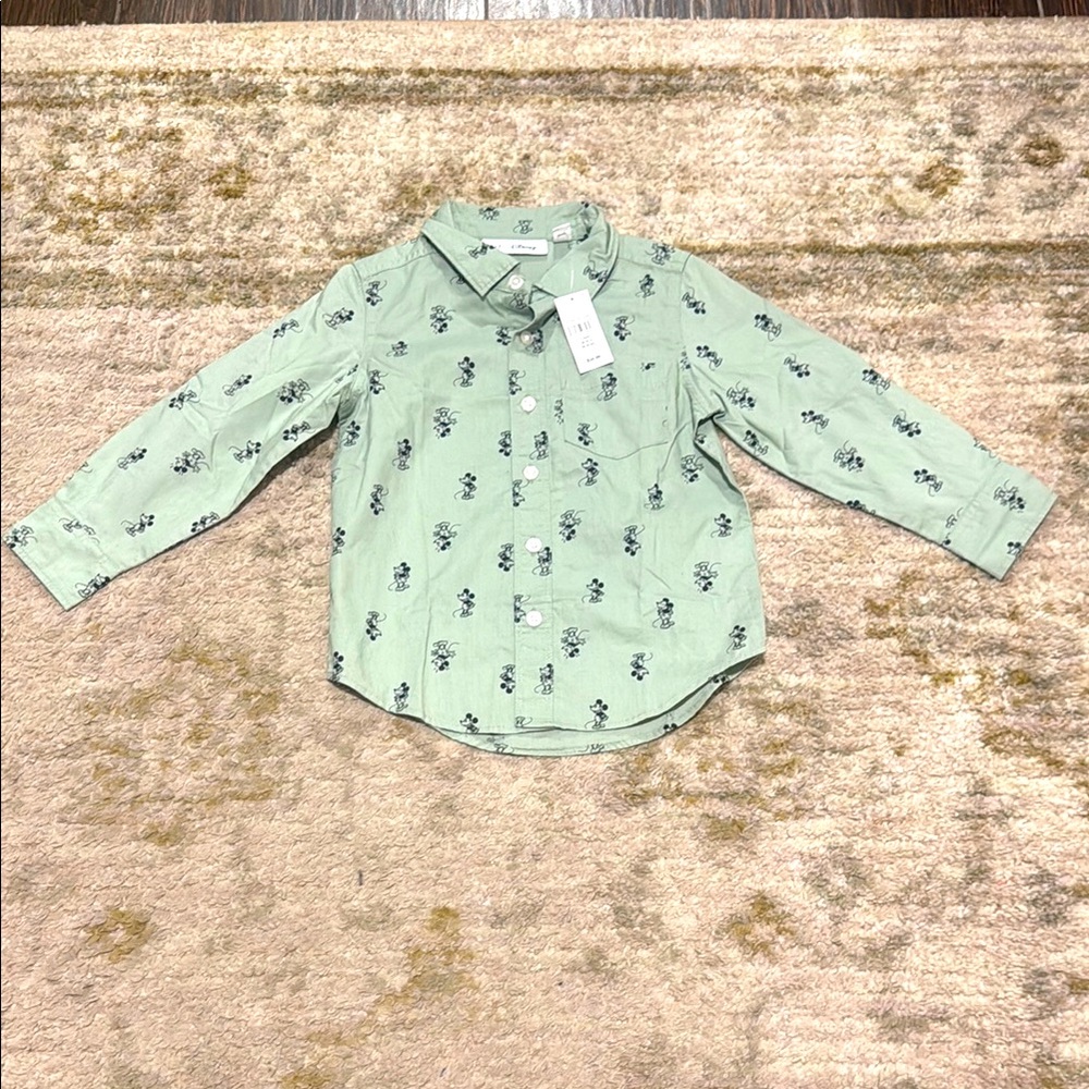 NWT GAP Toddler Boy Light Green Mickey Mouse long Sleeve Button Down Shirt 4T